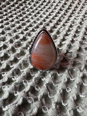 Sterling Teardrop Red Agate Ring with Beaded Accent